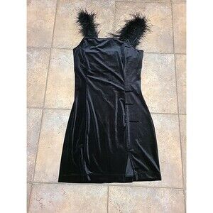 GB Black Velvet Dress with Ostrich Feather Straps Size S Elegant & Rare